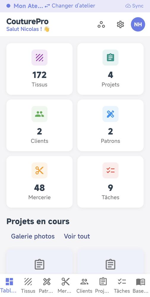 tableau de bord principal de l'application